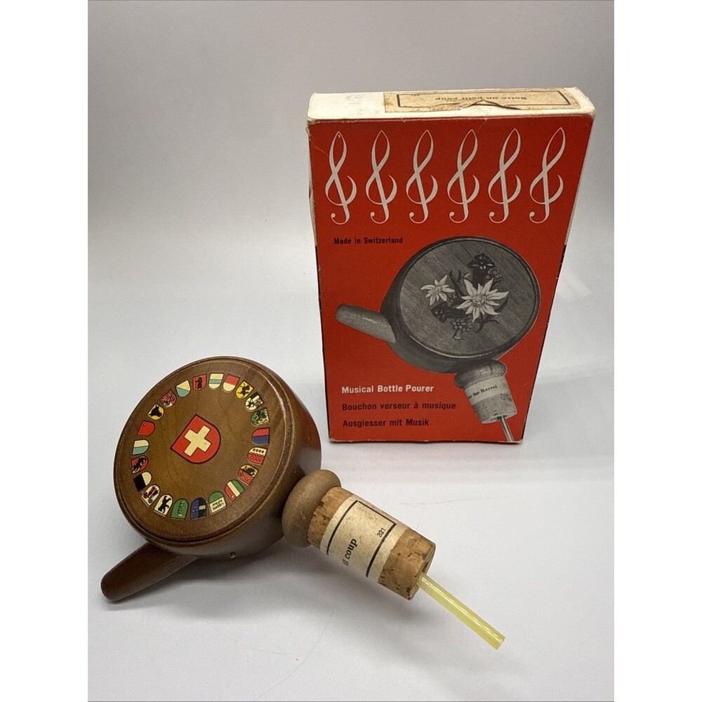 Vintage Swiss Musical Bottle Pourer Cork Stopper Coat of Arms Working w/ Box
